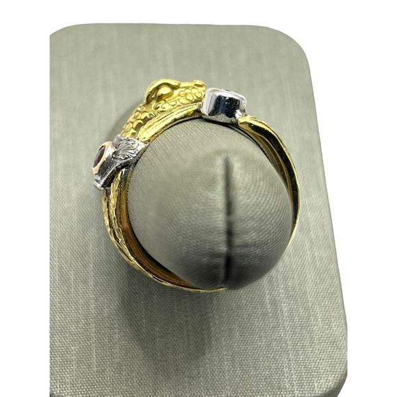 18K Etched Yellow Gold, Pink Stone & Diamond Snake Wrap Around Ring (15492) - Picture 5 of 8